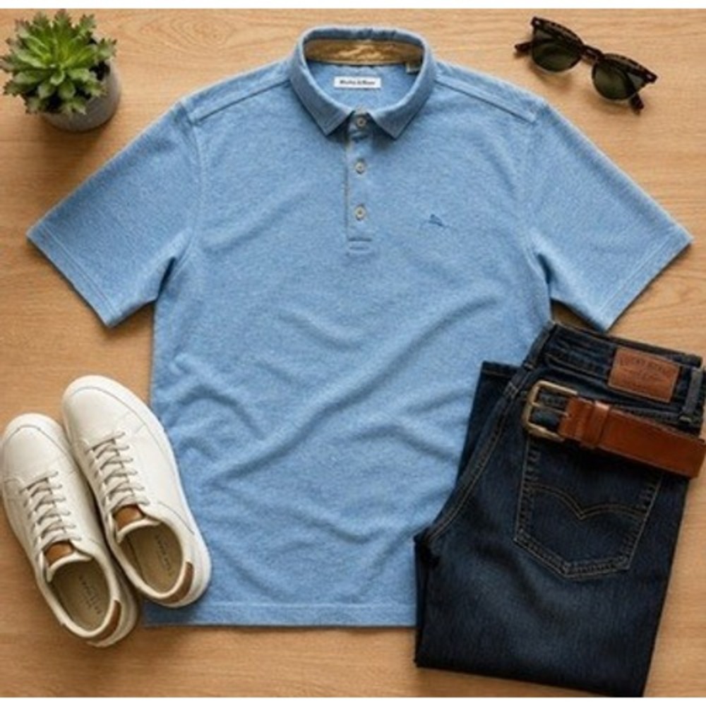 Tommy Bahama Men's Blue Heather Slub Knit Short Sleeve Polo Shirt Large